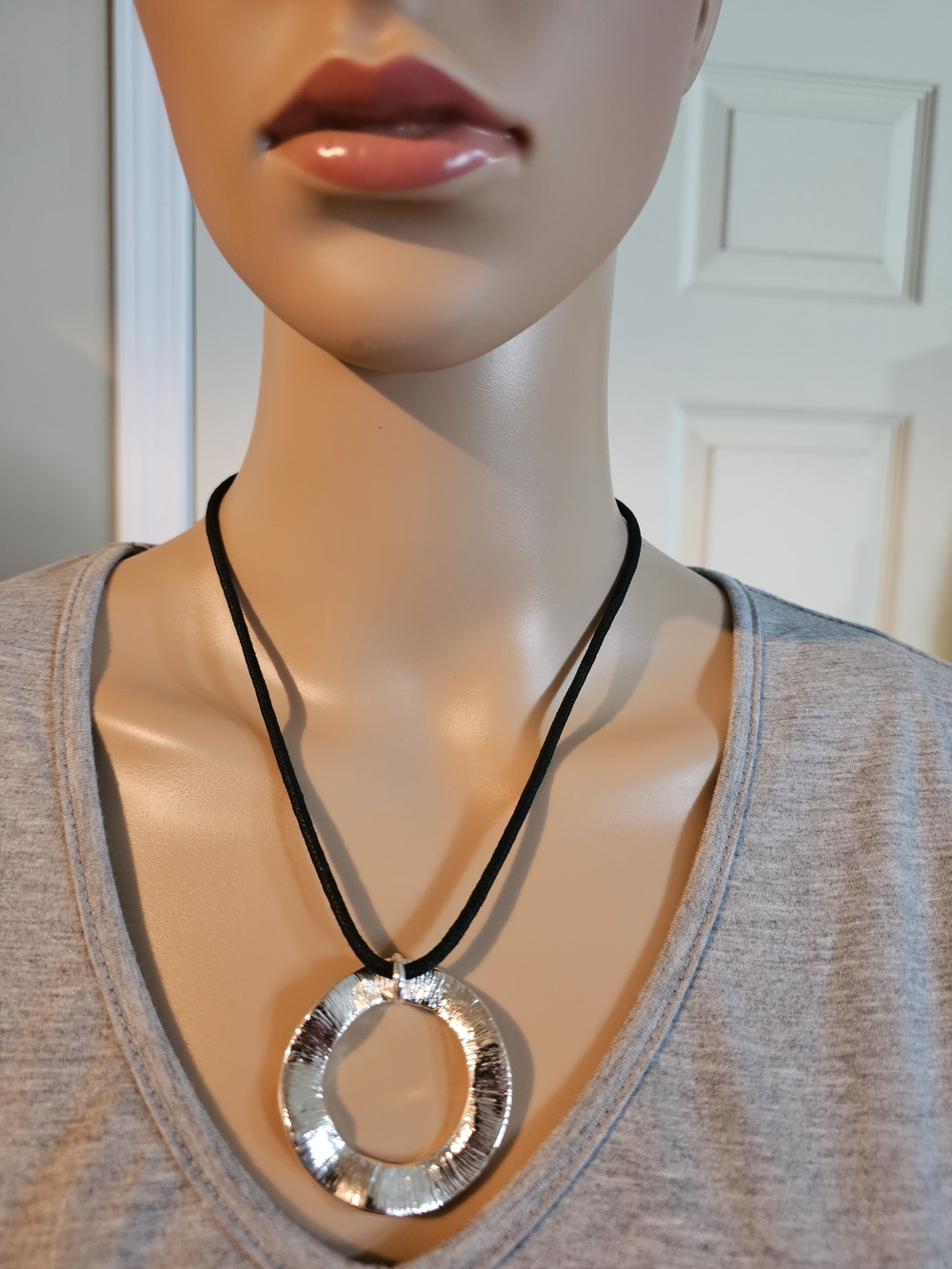 Modern Silver Circle Pendant Necklace with Black Cord